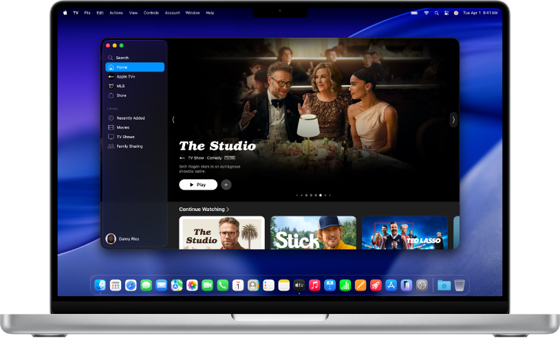 نافذة تطبيق Apple TV تعرض الشاشة الرئيسية.