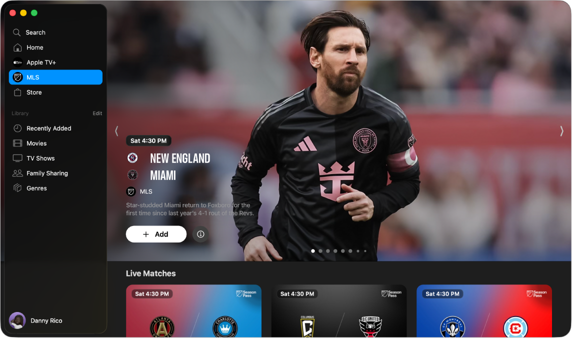 La app Apple TV mostrando la ventana MLS.
