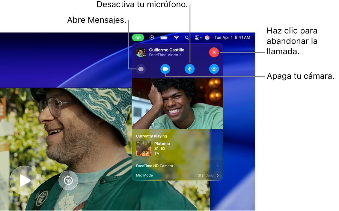 Los controles de SharePlay se muestran en la barra de menús, incluidos los botones para abrir la app Mensajes, silenciar el micrófono, apagar la cámara y abandonar la llamada.