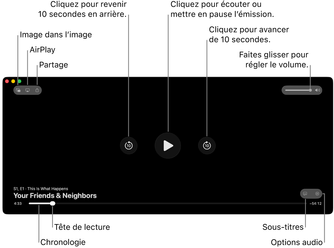 Commandes de lecture dans le visualiseur, y compris des boutons pour lire ou mettre en pause, avancer ou reculer, et ajuster le volume.