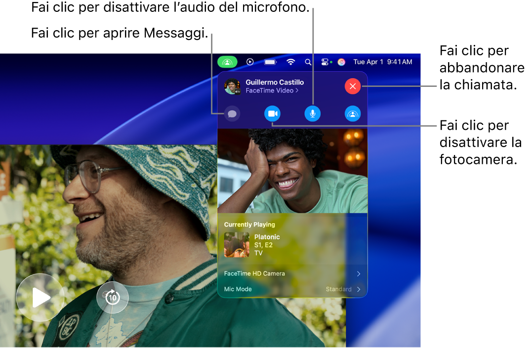 I controlli SharePlay visualizzati nella barra dei menu, compresi i pulsanti per aprire l’app Messaggi, disattivare il microfono, spegnere la fotocamera e abbandonare la chiamata.