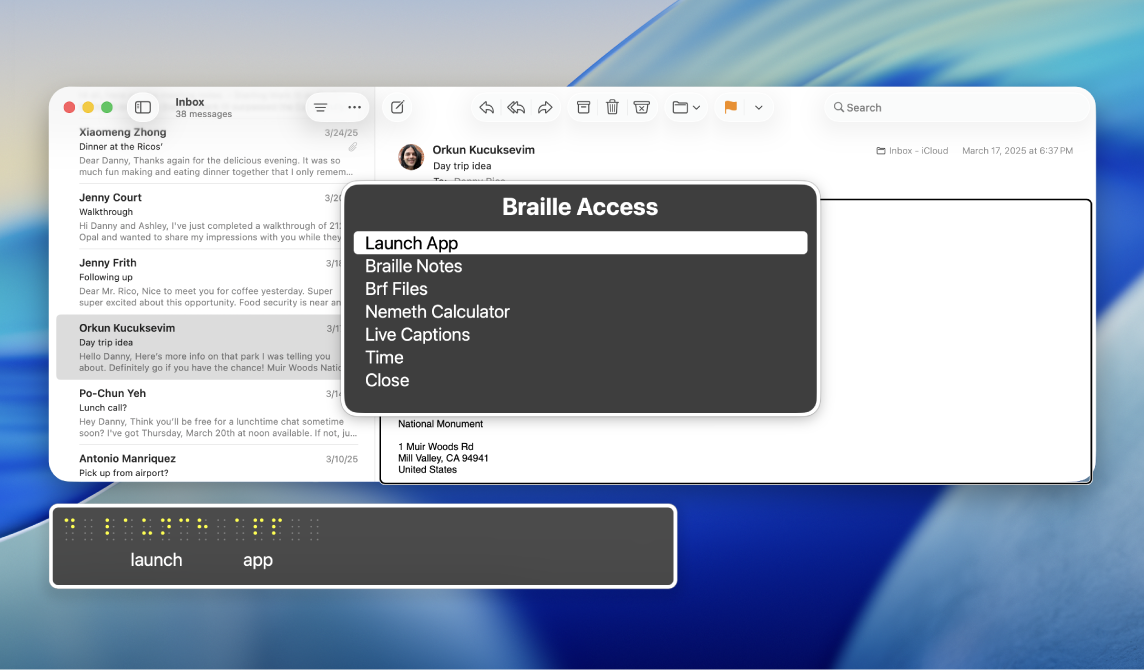 The Email app is open on the desktop. The Braille Access menu and braille panel are showing, hovering over Launch App.