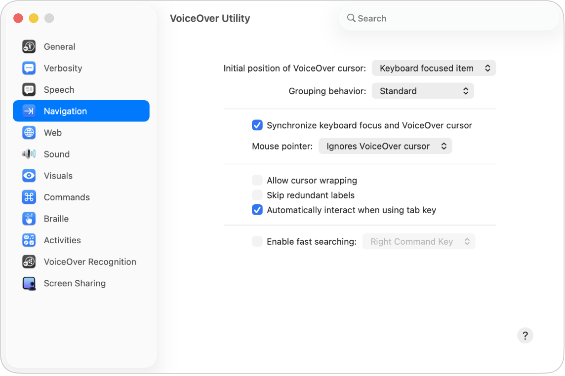 The VoiceOver Utility window showing the Navigation category selected in the sidebar on the left and its options on the right. At the bottom-right corner of the window is a Help button to display VoiceOver online help about the options.