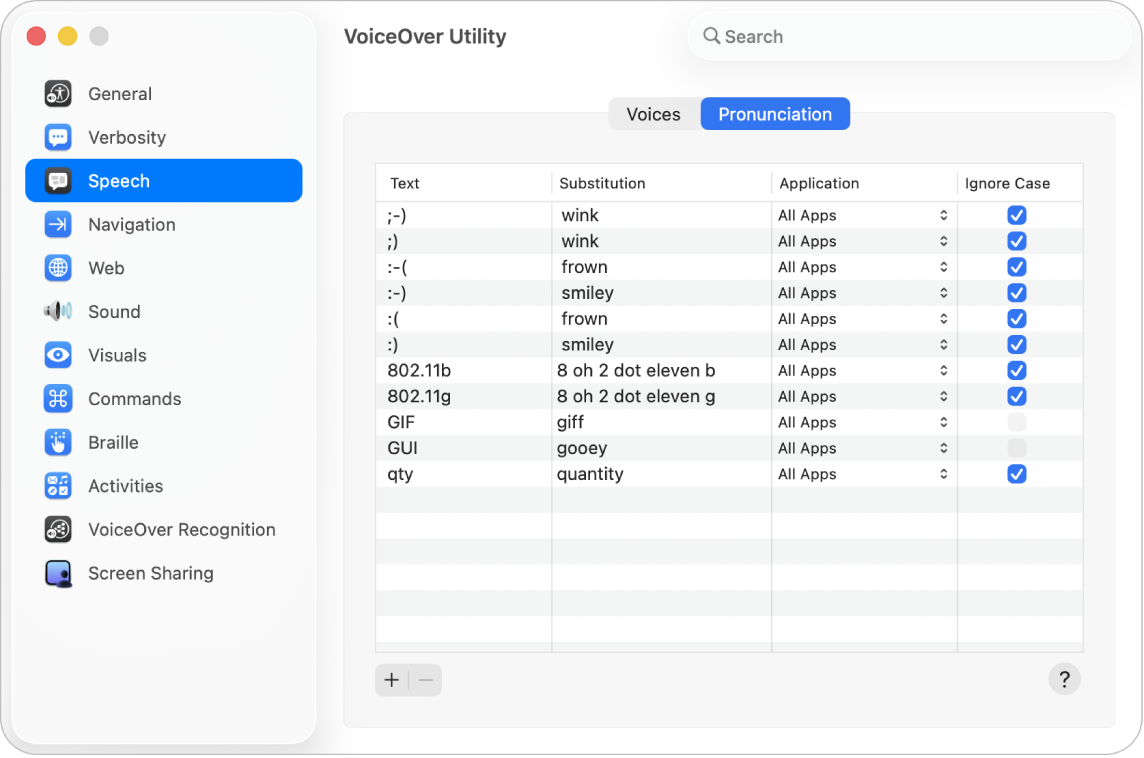Settings for how VoiceOver should pronounce certain emoticons, numbers, and abbreviations are shown in the Pronunciation pane of the Speech category in VoiceOver Utility.