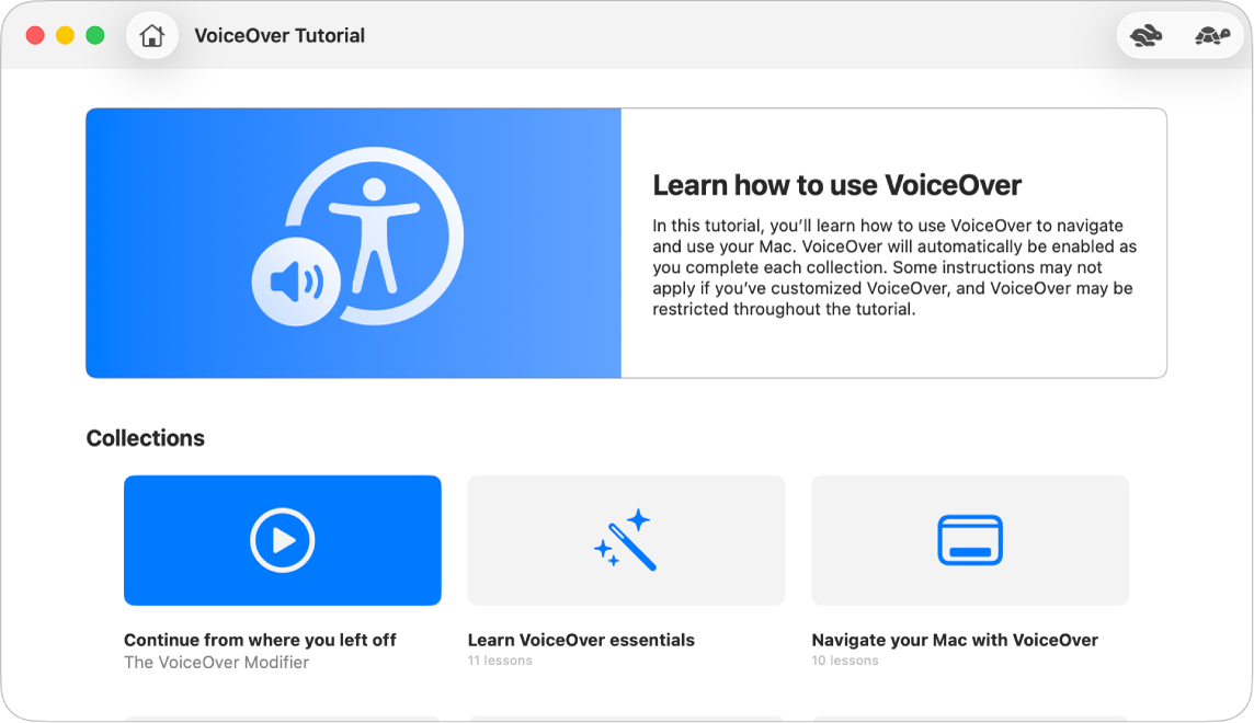 Le tutoriel interactif VoiceOver, avec des informations à propos de l’apprentissage de VoiceOver.