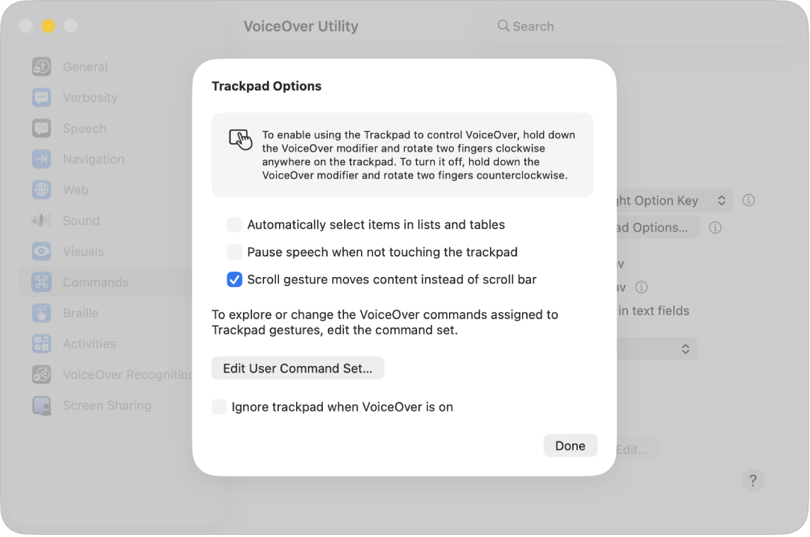 Une zone de dialogue dans Utilitaire VoiceOver, avec des réglages permettant d’utiliser le trackpad pour contrôler VoiceOver.