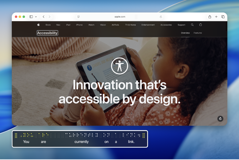 Desktopul Mac‑ului cu o pagină web deschisă. Dedesubt, panoul Braille afișează conținutul cursorului VoiceOver de pe pagina web utilizând puncte Braille galbene simulate, cu textul corespunzător sub puncte.