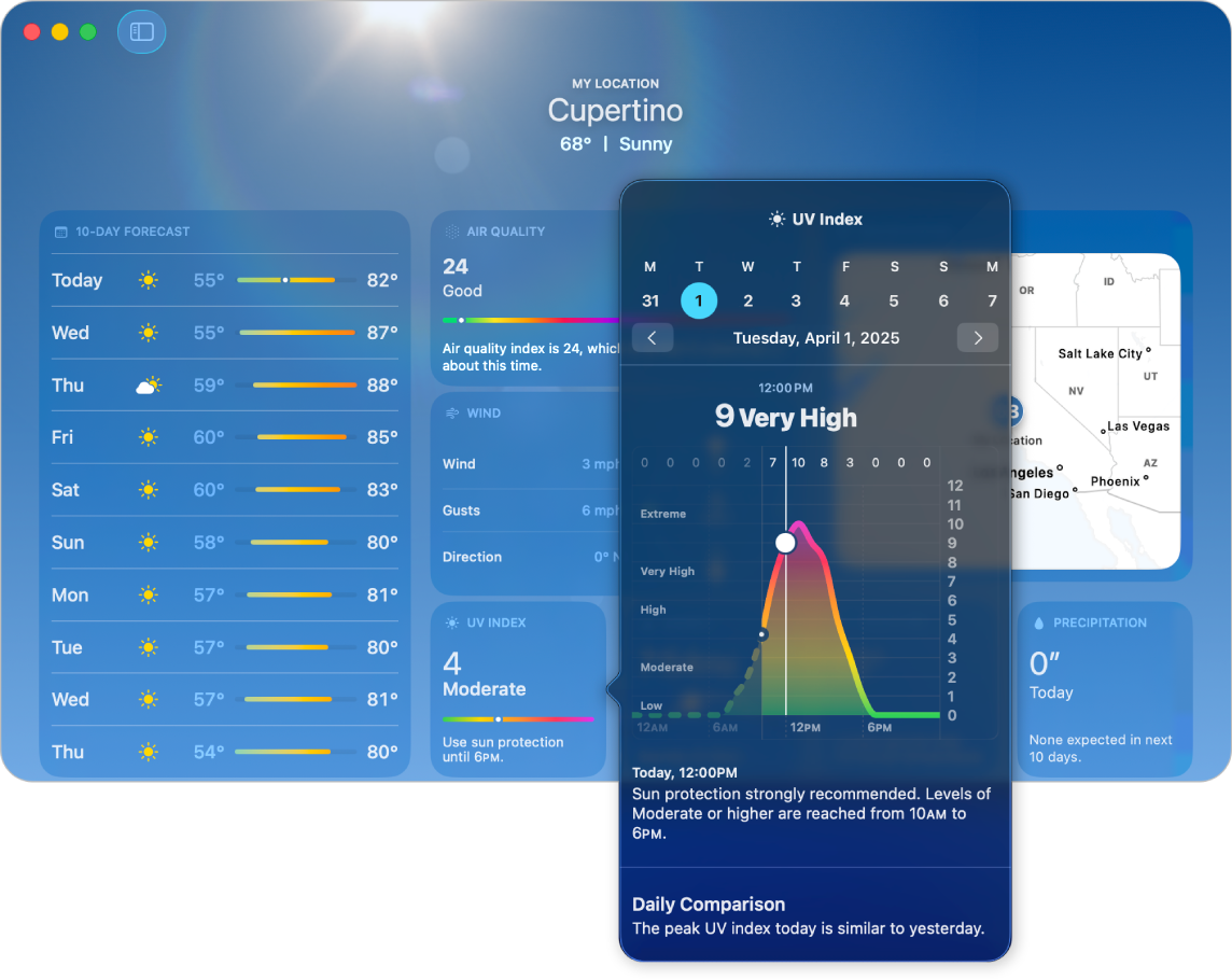 The Weather window, showing additional information about the UV Index, including a graph of the World Health Organization UV Index throughout the day and a description of the data.