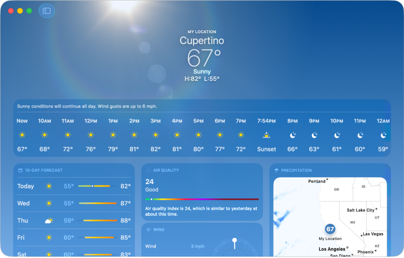 The Weather window showing the current temperature and conditions, the high and low temperatures for the day, the hourly forecast, several days of the 10-day forecast, and a precipitation map.