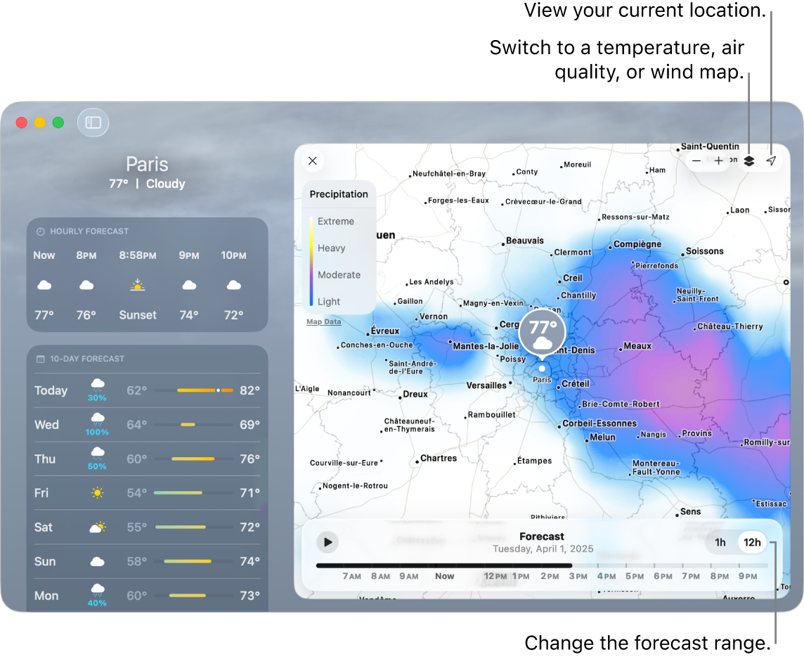 The Weather app, showing the location, the current temperature and weather conditions, hourly and 10-day forecasts, and a timeline.