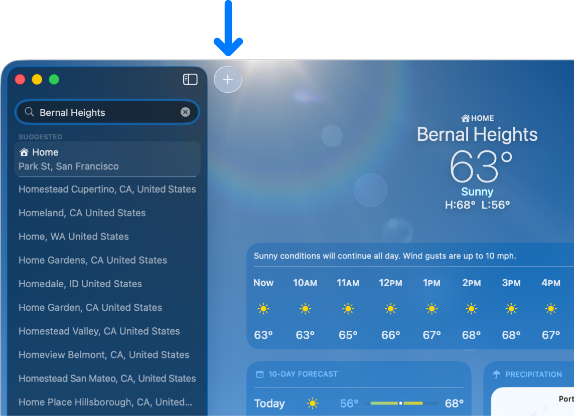 The Weather app with a search result for a city name.