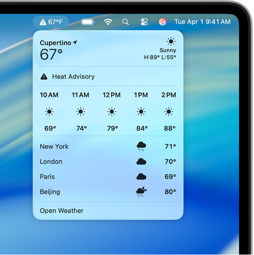 Access weather data in the menu bar.