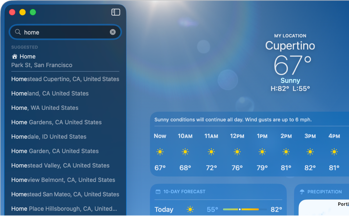 The Weather app with “home” entered in the search bar. The home address appears first, above the other search results.