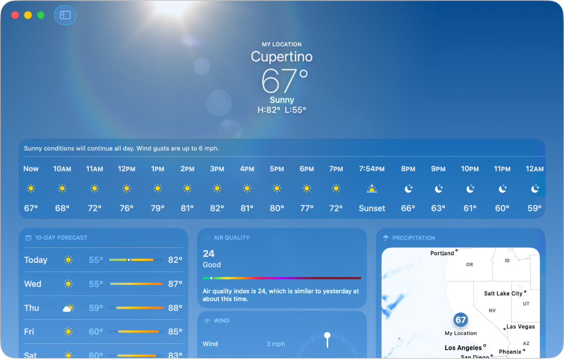 The Weather window showing such things as current temperature, highs and lows for the day, and hourly and 10-day forecasts.