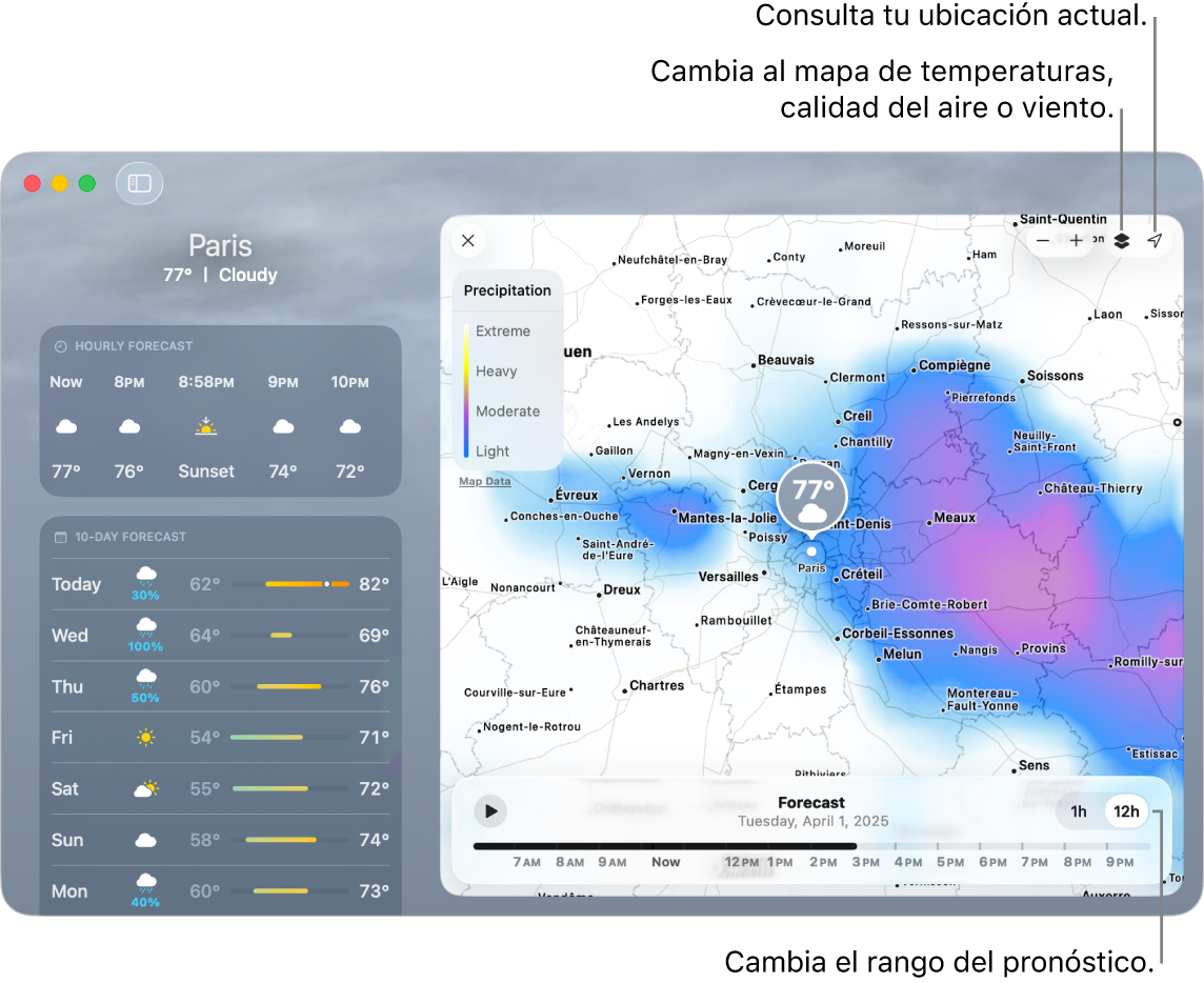 La ventana de la app Clima mostrando la ubicación, la temperatura y las condiciones del clima actuales, el pronóstico por hora y a 10 días, y una línea del tiempo.