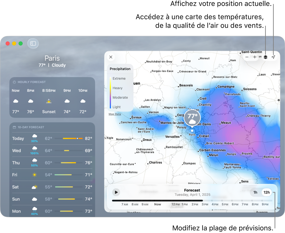 L’app Météo affichant le lieu, la température et les conditions actuelles, les prévisions horaires et sur 10 jours et la chronologie.