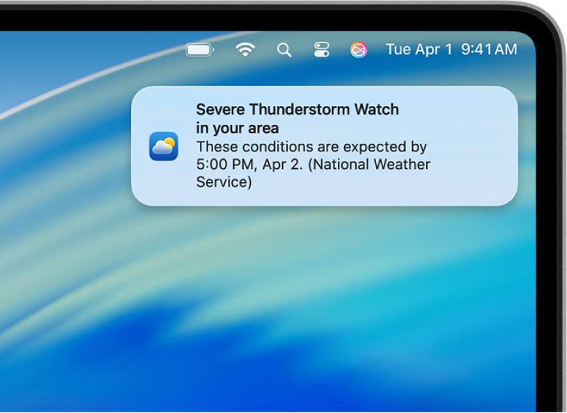 Une notification affichant une alerte du service météo national signalant un orage important.