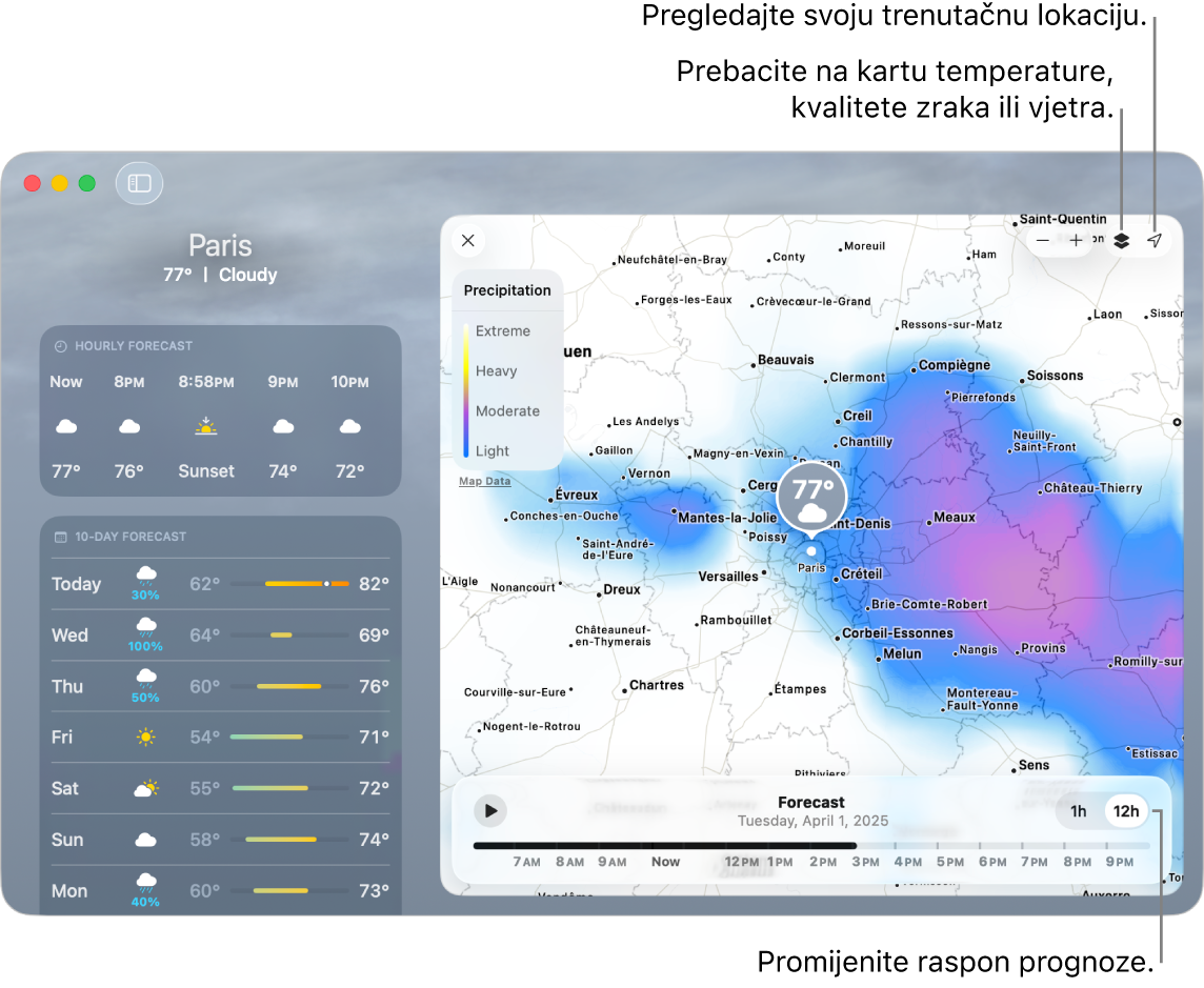 U aplikaciji Vrijeme prikazuje se lokacija, trenutačna temperatura i vremenski uvjeti, prognoza po satima i 10-dnevna prognoza te vremenska linija.