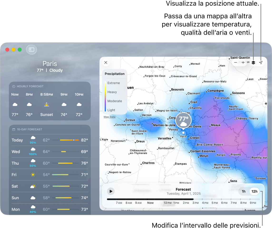 L’app Meteo che mostra la località, la temperatura attuale e le condizioni meteo, le previsioni orarie e a 10 giorni e una timeline.