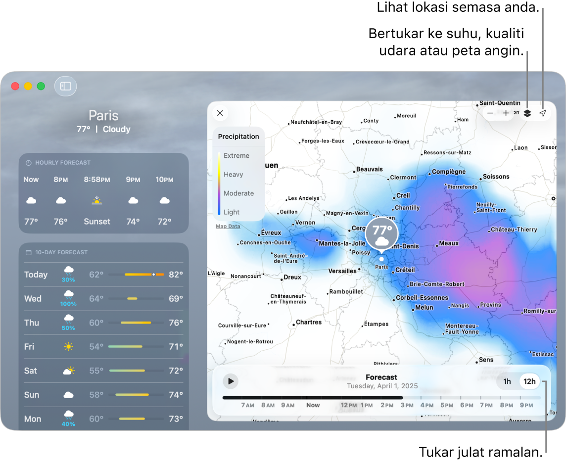 App Cuaca, yang menunjukkan lokasi, suhu dan keadaan cuaca semasa, ramalan setiap jam dan 10 hari serta garis masa.