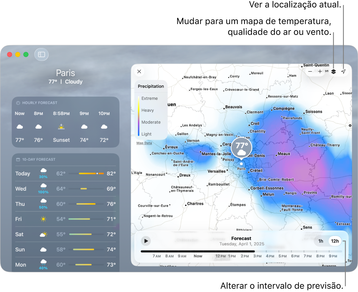 A aplicação Meteorologia, a mostrar a localização, a temperatura e o estado do tempo atuais, a previsão horária e a previsão de 10 dias, e um cronograma.