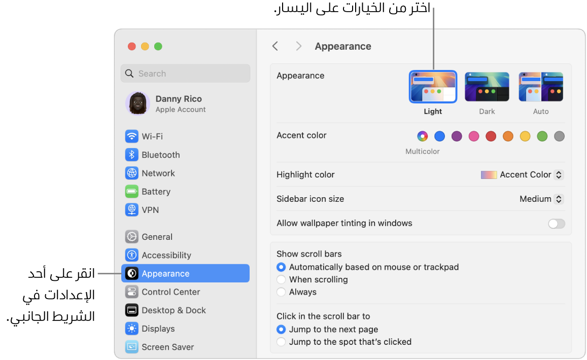 نافذة إعدادات النظام، مع تحديد إعدادات المظهر في الشريط الجانبي، وخيارات المظهر على اليسار.