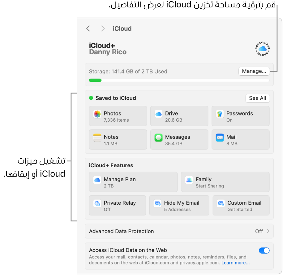 إعدادات iCloud مع جميع الميزات مشغَّلة.