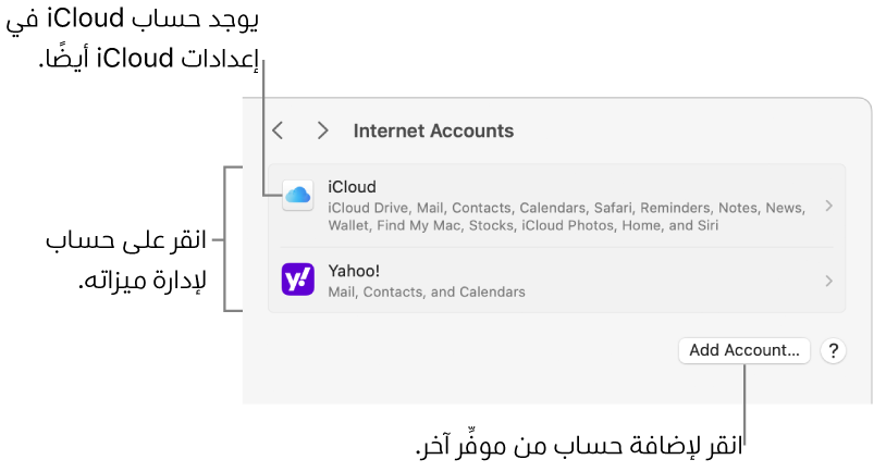 إعدادات حسابات الإنترنت تظهر بها الحسابات التي تم إعدادها على Mac مدرجة.