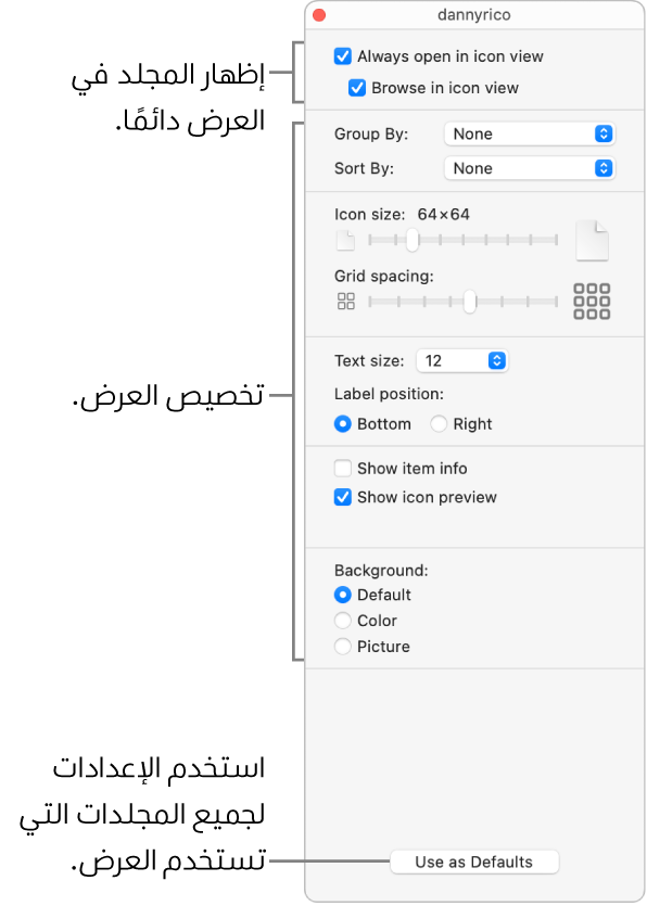 خيارات العرض كأيقونة لمجلد.