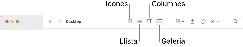 La part superior d’una finestra del Finder que mostra els botons de les opcions de visualització d’una carpeta.