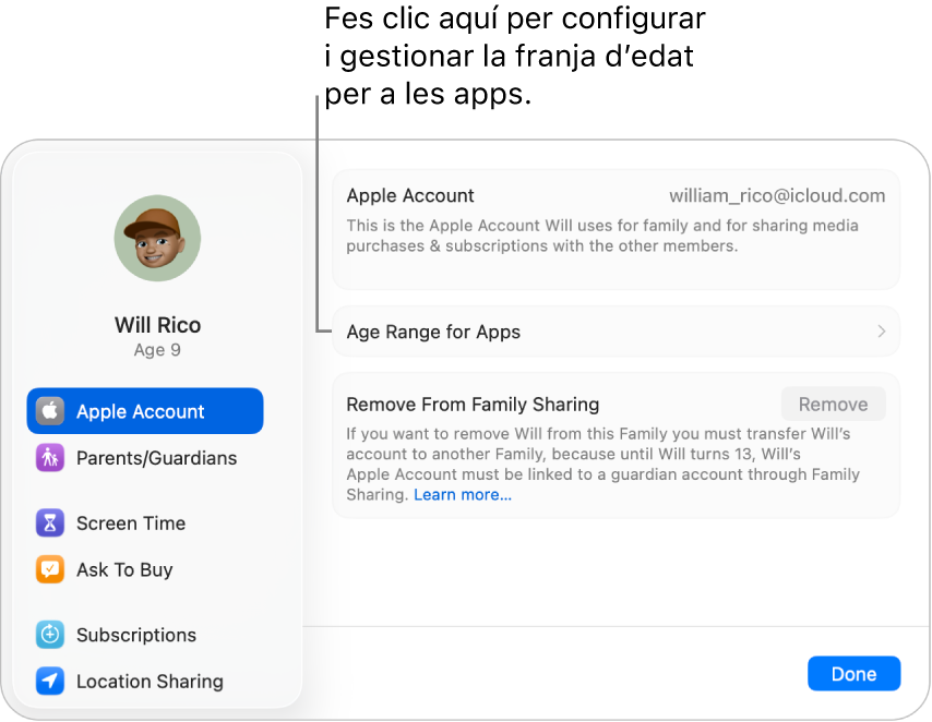 La configuració del compte d’Apple d’un menor en un Mac, on es pot configurar i gestionar la franja d’edat per a les apps.