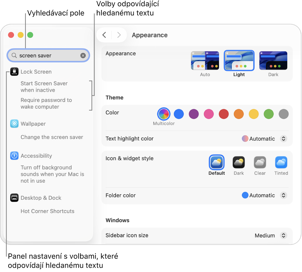 Okno Nastavení systému zobrazující text „spořič obrazovky“ v poli hledání a seznam odpovídající výsledkům hledání pod polem hledání