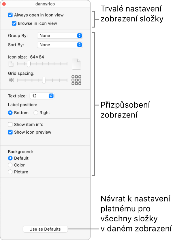Volby ikonového zobrazení pro složku