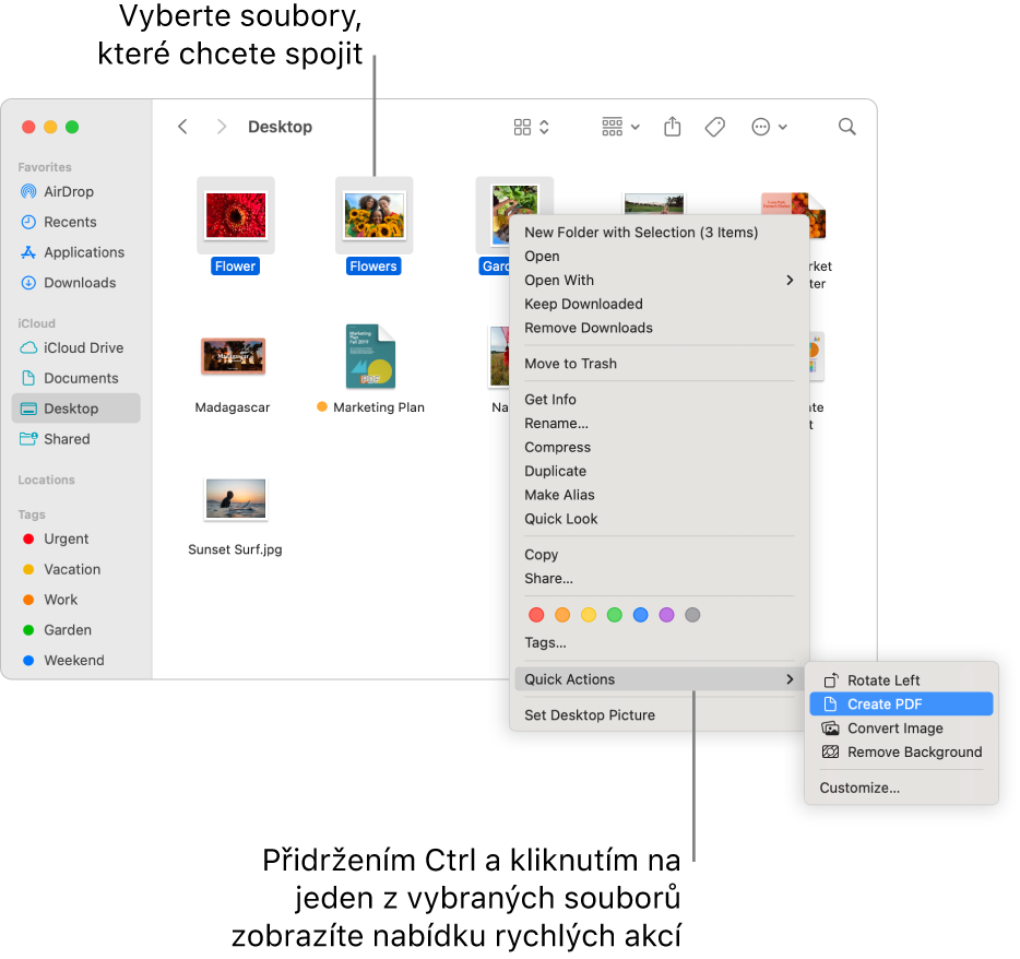 Okno Finderu se soubory a složkami, v němž jsou vybrány tři soubory. V nabídce Rychlé akce je zvýrazněna volba „Vytvořit PDF“.