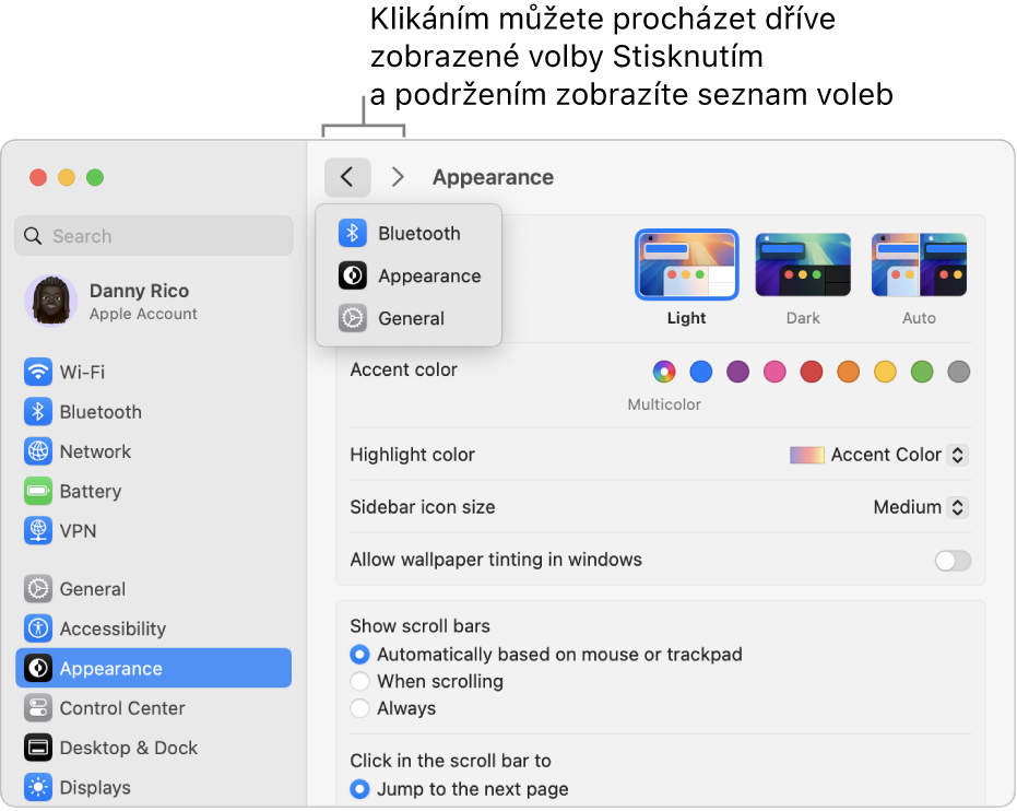 Okno Nastavení systému s nedávno zobrazenými nastaveními pod tlačítkem Zpět