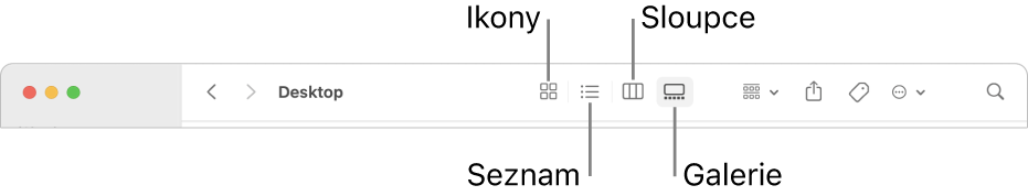 Horní část okna Finderu s tlačítky voleb zobrazení pro složku