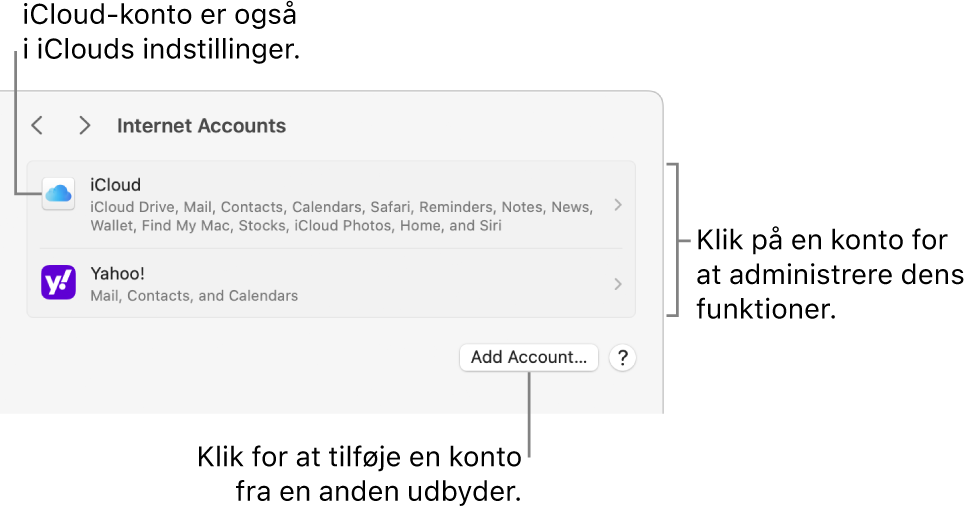 Indstillinger til Internetkonti med konti, der er indstillet på listen over Mac-computere.