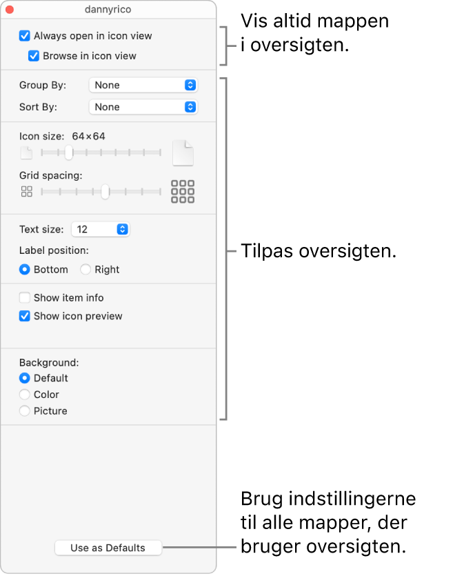 Indstillinger til symboloversigt til en mappe.