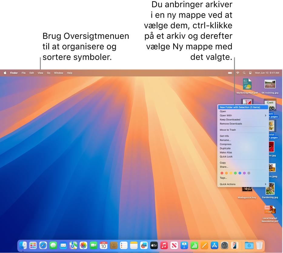 Et skrivebord med arkiver og mapper. Flere arkiver er valgt, så de kan anbringes i en ny mappe. En lokalmenu vises, efter at der er ctrl-klikket på et af de valgte arkiver, og punktet Ny mappe med det valgte er valgt.