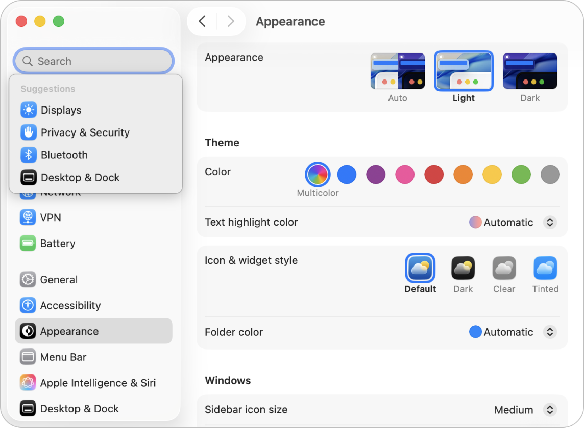 Vinduet Systemindstillinger, der viser forslag under søgefeltet.