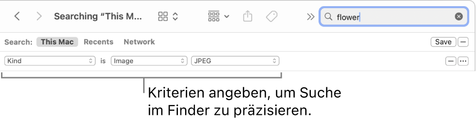 Ein Finder-Fenster mit Feldern zum Festlegen der Suchkriterien