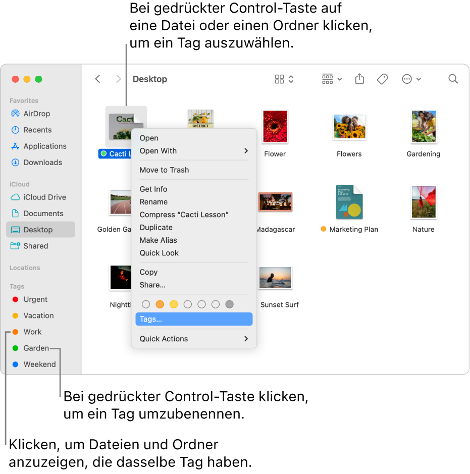 Ein Finder-Fenster enthält getaggte Dateien und Ordner, wobei eine Datei hervorgehoben ist. Im Menü „Kurzbefehl“ können Farben für Tags ausgewählt werden. Die Option „Tags“ ist hervorgehoben.