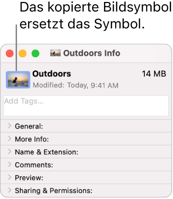 Das Fenster „Informationen“ eines Ordners mit dem ersetzten allgemeinen Ordnersymbol.