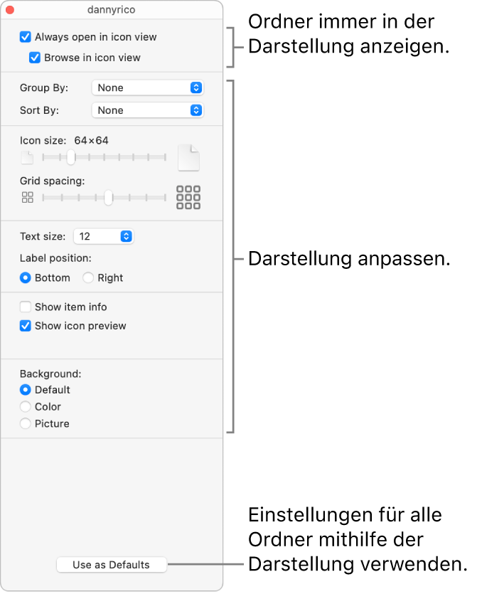 Ordneroptionen für die Symboldarstellung.