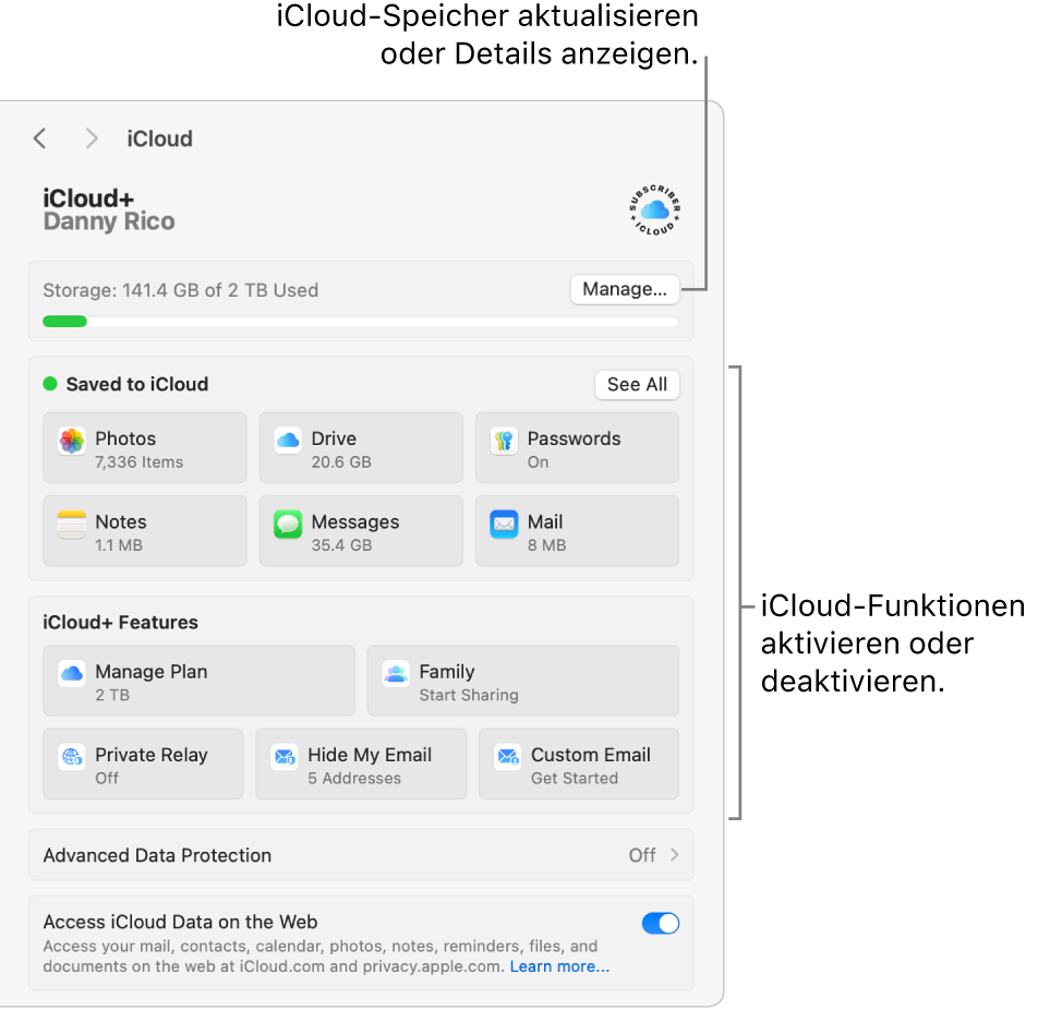 Systemeinstellung „iCloud“, bei der alle Funktionen aktiviert sind