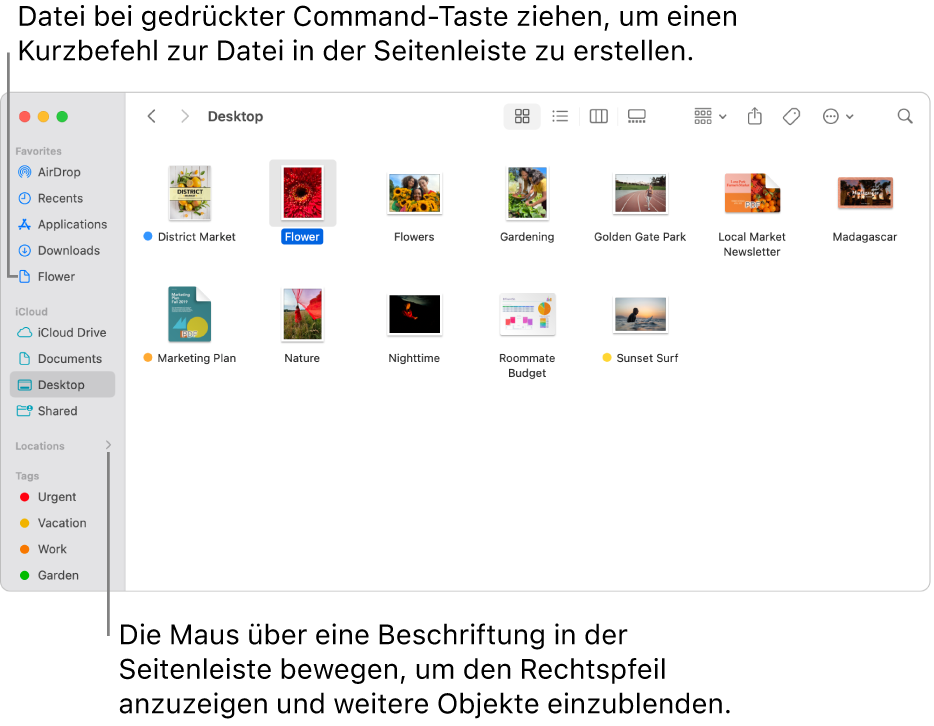 Rechts neben „Orte“ in der Finder-Seitenleiste befindet sich ein Pfeil. Durch Klicken darauf können weitere Objekte angezeigt werden. Rechts im Finder-Fenster ist eine Datei ausgewählt und ein Kurzbefehl zu dieser Datei befindet sich in der Seitenleiste unter „Favoriten“.