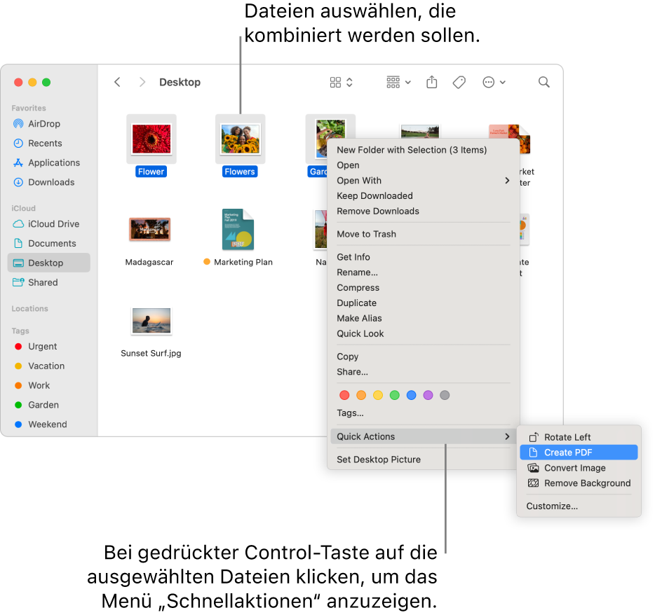 Ein Finder-Fenster enthält Dateien und Ordner, drei Dateien sind ausgewählt und „PDF erstellen“ ist im Menü „Schnellaktionen“ hervorgehoben.