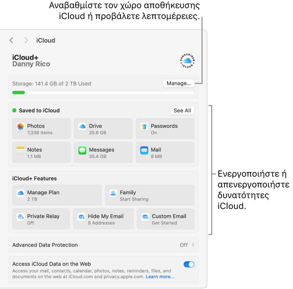 Ρυθμίσεις iCloud με όλες τις δυνατότητες ενεργοποιημένες.