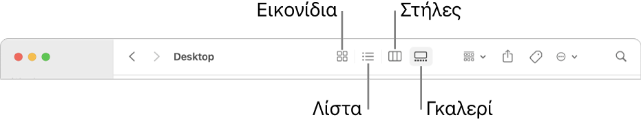 Το πάνω μέρος ενός παραθύρου Finder όπου εμφανίζονται κουμπιά επιλογών Προβολής για έναν φάκελο.