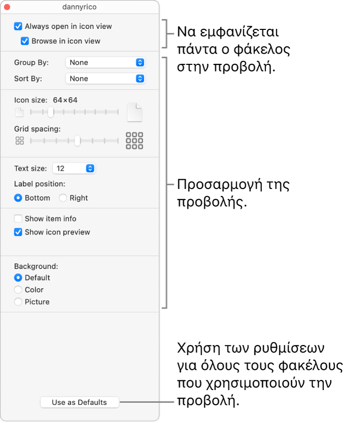 Επιλογές προβολής εικονιδίων για έναν φάκελο.